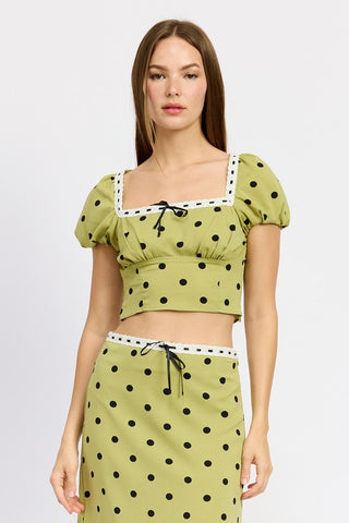 Hot Girl Trad Wife Lace Trim Polka Dot Cropped Short Sleeve Top In Olive