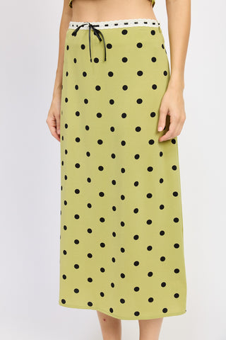 Hot Girl Trad Wife Lace Trim Polka Dot Midi Skirt In Olive