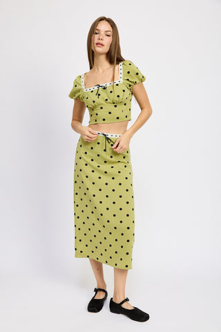 Hot Girl Trad Wife Lace Trim Polka Dot Midi Skirt In Olive