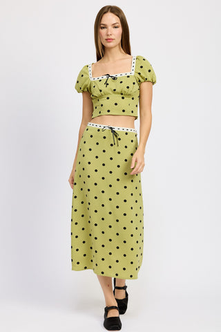 Hot Girl Trad Wife Lace Trim Polka Dot Midi Skirt In Olive