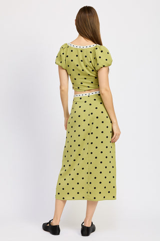 Hot Girl Trad Wife Lace Trim Polka Dot Midi Skirt In Olive