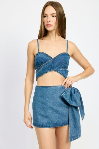 Hot Girl Demi Couture Wrap Detail Denim Crop Top