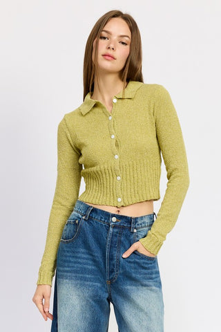 Hot Girl Prep School Button Up Long Sleeve Top In Avocado