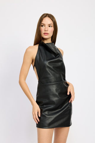 Hot Girl Dark Magic Cowl Neck Halter Vegan Leather Mini Dress In Black