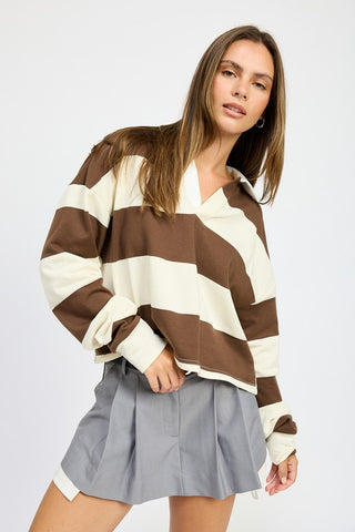 Hot Girl Oversized Striped Rugby Polo Long Sleeve Shirt In Brown