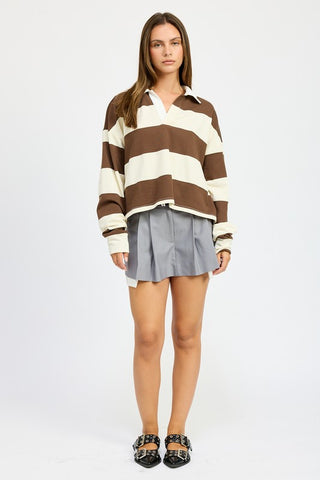 Hot Girl Oversized Striped Rugby Polo Long Sleeve Shirt In Brown