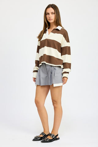 Hot Girl Oversized Striped Rugby Polo Long Sleeve Shirt In Brown