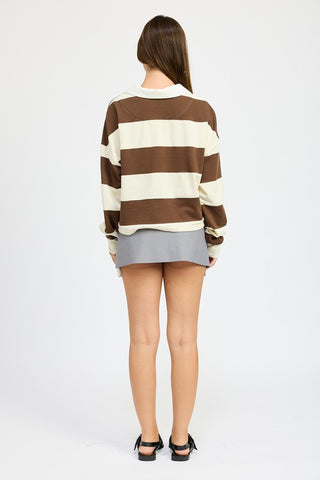 Hot Girl Oversized Striped Rugby Polo Long Sleeve Shirt In Brown