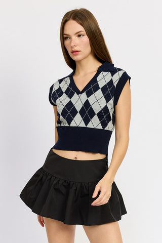 Hot Girl XOXO Argyle Cropped Cotton Vest Top In Navy