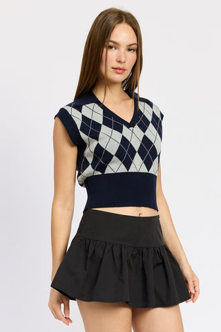 Hot Girl XOXO Argyle Cropped Cotton Vest Top In Navy