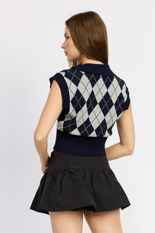 Hot Girl XOXO Argyle Cropped Cotton Vest Top In Navy