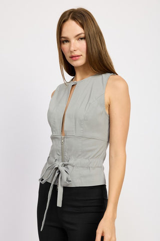 Hot Girl Front Cutout Zippered Sleeveless Utility Top In Grey