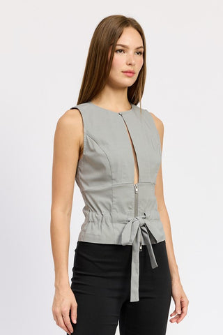 Hot Girl Front Cutout Zippered Sleeveless Utility Top In Grey