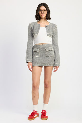 Hot Girl Notting Hill Contrast Stitch Cropped Bell Sleeve Cardigan In Grey