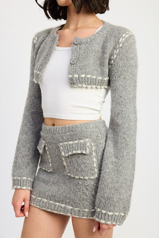 Hot Girl Notting Hill Contrast Stitch Cropped Bell Sleeve Cardigan In Grey