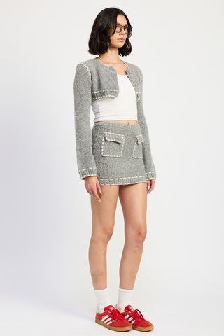 Hot Girl Notting Hill Contrast Stitch Cropped Bell Sleeve Cardigan In Grey