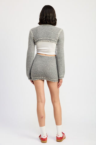 Hot Girl Notting Hill Contrast Stitch Cropped Bell Sleeve Cardigan In Grey