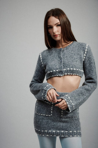 Hot Girl Notting Hill Contrast Stitch Cropped Bell Sleeve Cardigan In Grey