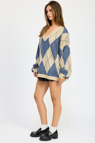 Hot Girl Checkmate Oversized  Argyle Sweater