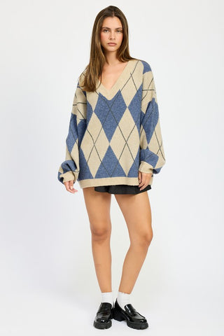 Hot Girl Checkmate Oversized  Argyle Sweater