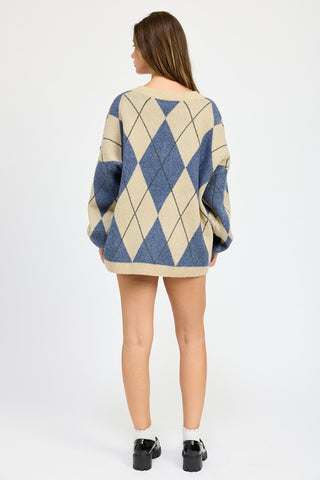 Hot Girl Checkmate Oversized  Argyle Sweater