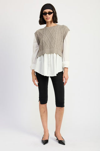 Hot Girl Two Fer Cable Knit Sweater And Shirt Top