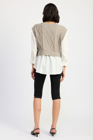 Hot Girl Two Fer Cable Knit Sweater And Shirt Top