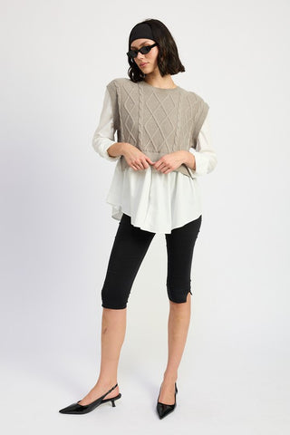 Hot Girl Two Fer Cable Knit Sweater And Shirt Top