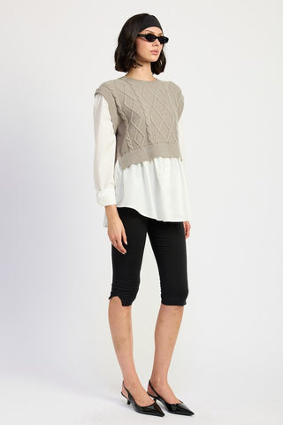 Hot Girl Two Fer Cable Knit Sweater And Shirt Top