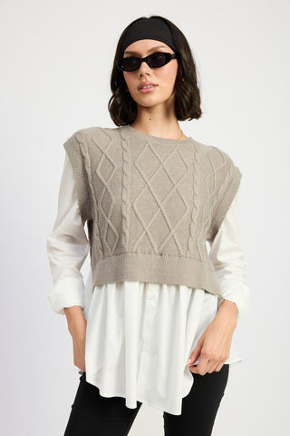 Hot Girl Two Fer Cable Knit Sweater And Shirt Top