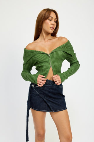 Hot Girl Bridget Zippered Bardot Shoulder Long Sleeve Top