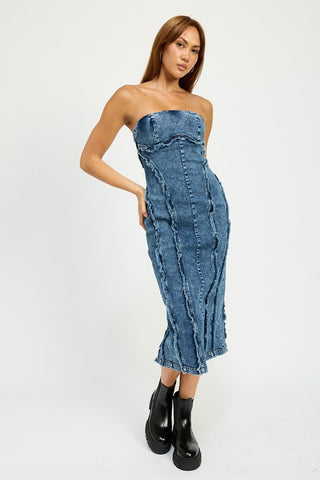 Hot Girl Frayed Seam Strapless Denim Midi Dress