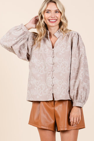 Hot Girl GeeGee Paisley Eyelet Laced Button-Up Long Sleeve Blouse