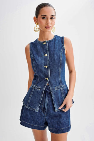 Hot Girl Denim Buttoned Sleeveless Top And Shorts Two Piece Set