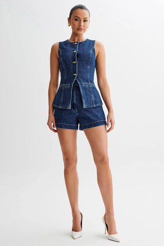 Hot Girl Denim Buttoned Sleeveless Top And Shorts Two Piece Set