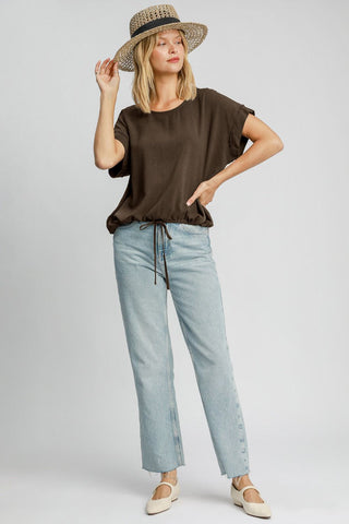 Hot Girk X Umgee Drawstring Hem Linen Short Sleeve T-Shirt In Brown