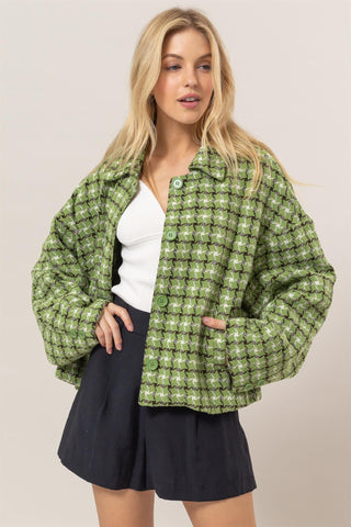 Hot Girl HYFVE Tweed Plaid Button Up Collared Jacket In Green