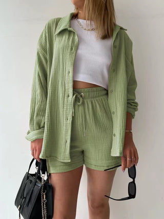 Hot Girl Soft Rayon Textured Button Up Shirt and Drawstring Shorts Two Piece Set