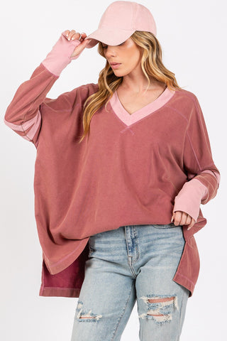 Hot Girl SAGE + FIG Mineral Wash Side Slit Contrast Long Sleeve T-Shirt In Marsala