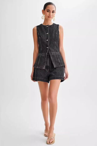 Hot Girl Denim Buttoned Sleeveless Top And Shorts Two Piece Set