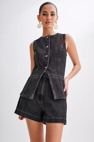 Hot Girl Denim Buttoned Sleeveless Top And Shorts Two Piece Set