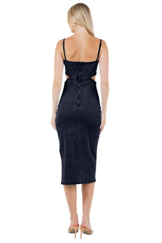 Hot Girl Daring Denim Cutout Midi Dress In Black