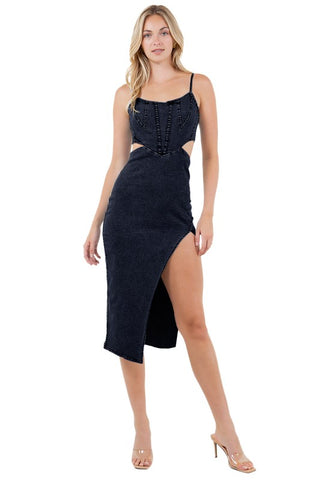 Hot Girl Daring Denim Cutout Midi Dress In Black