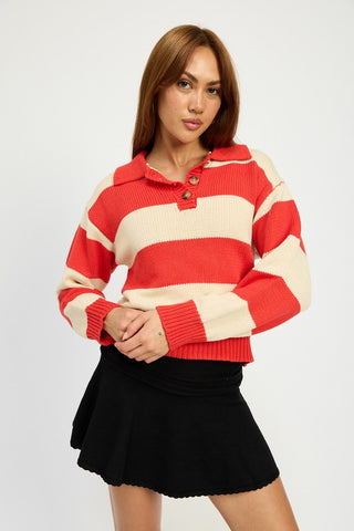 Hot Girl Striped Henley Retta Rugby Sweater In Red