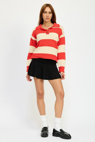 Hot Girl Striped Henley Retta Rugby Sweater In Red