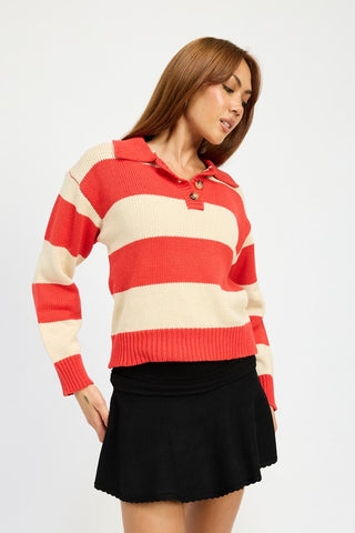 Hot Girl Striped Henley Retta Rugby Sweater In Red