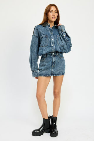 Hot Girl Culture Code Contrast Shoulder Denim Mini Dress