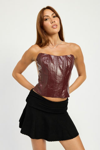 Hot Girl Vegan Leather Zippered Corset Top In Wine