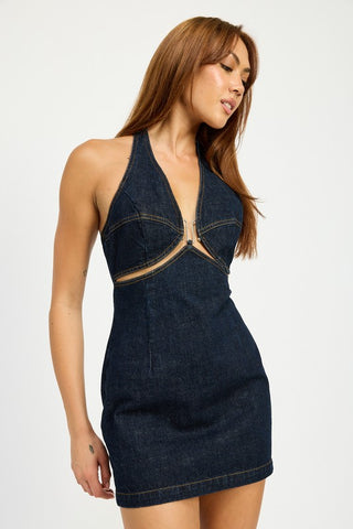 Hot Girl Daring Dreamer Halter Neck Cutout Denim Mini Dress