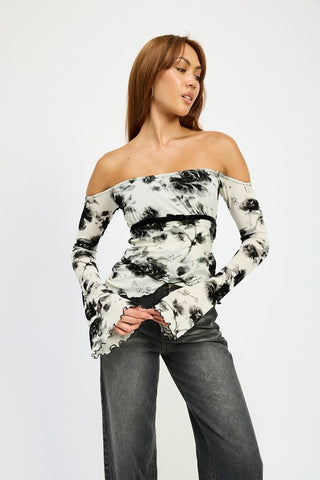 Hot Girl  Black Dahlia Floral Off Shoulder Long Sleeve Top